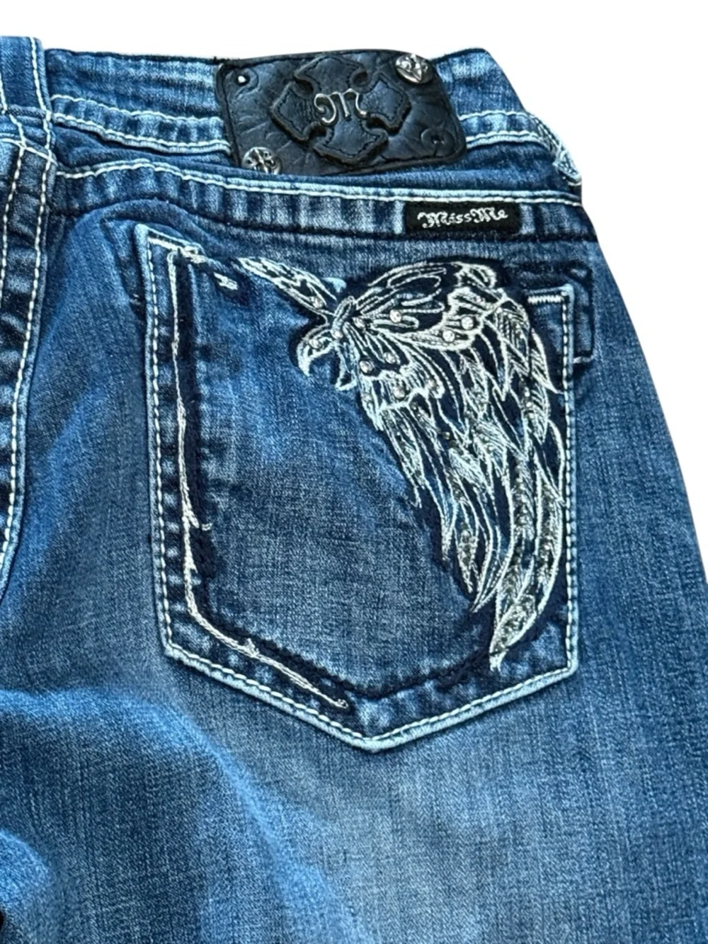 Miss Me Blue Stretch Denim Bootcut Jeans with Silver Embroidered Wing Pockets 34 - Picture 14 of 16